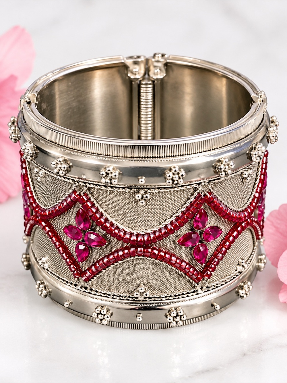 Vintage Kuchi Afghan Indian Hinged Cuff Bracelet German Silver Pink Rhinestone